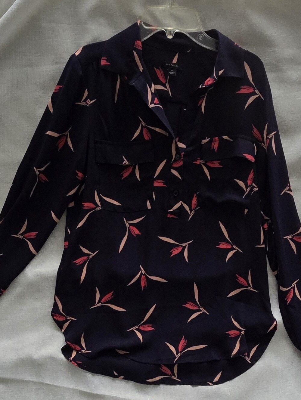 Ann Taylor Navy Half Buttoned Blouse with Pink Floral Print